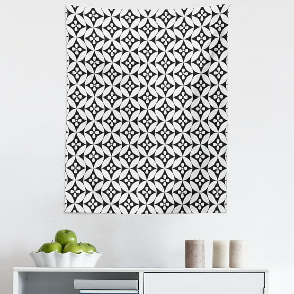 Black and White Tapestry, Mosaic of Floral Circles Old Fashioned Geometric Pattern Optical Effect, Fabric Wall Hanging Decor for Bedroom Living Room Dorm, 5 Sizes, Black White, by Ambesonne