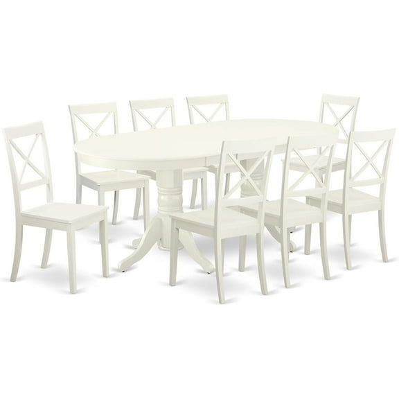 HomeStock 9 Piece Modern Dining Table Set Includes an Oval Wooden Table with Leaf and 8 Kitchen Dining Chairs, 40X76 Inch, Linen White