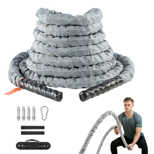 KFFKFF Exercise Rope, 1.5 Inch Wide by 30 Feet Long, Durable Polyester Workout Rope with Protective Sleeve & Anchor Kit, Weighted Fitness Rope for Core Strength Training in Home Gyms, Gray