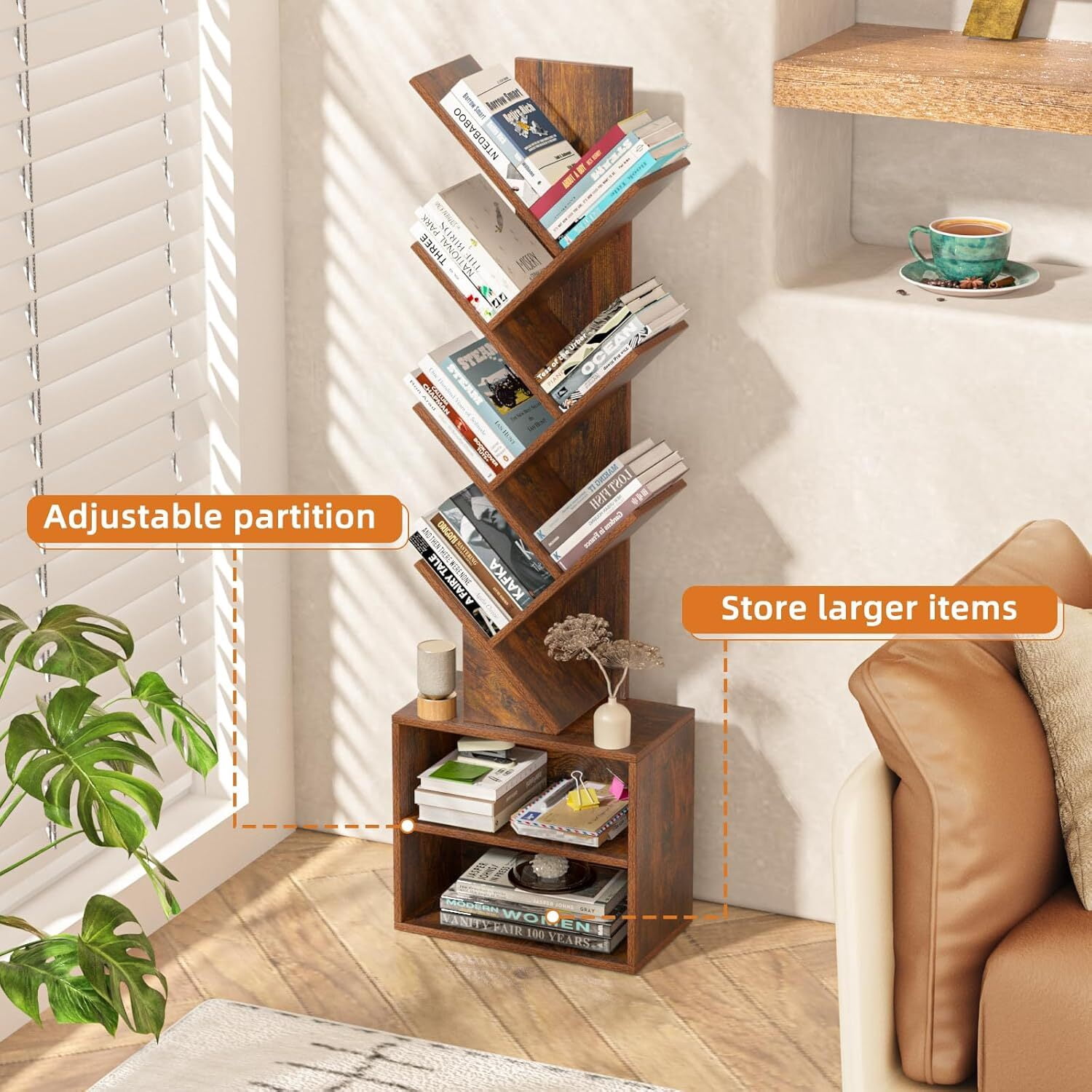 LELELINKY 7-Tier Wooden Bookcase with 2 Shelves, Free Standing Tree Bookshelf for Home Office, Rustic Brown