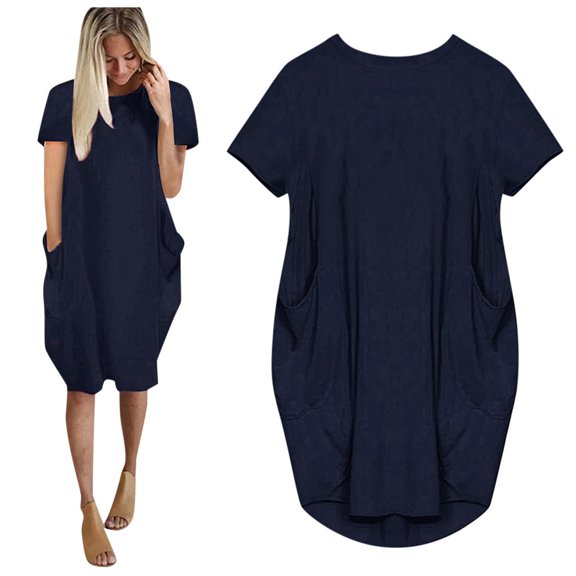 CALAFEBILA Female Midi Dress Exquisite Short Sleeve Crew Neck Solid Slimming Belly Pocket Casual Sundress Knee-Length Dress