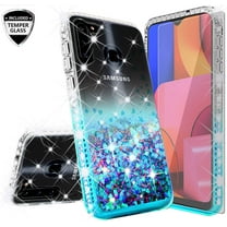 For Samsung Galaxy A21 Case w/ TPU Screen Protector Liquid Quicksand Glitter Cute Bling Girls Women [Shock Proof] for For Samsung Galaxy A21 - Clear/Teal