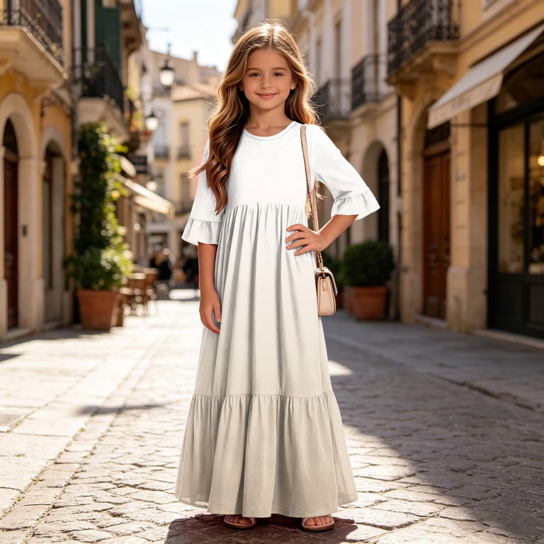 4t maxi dress Atoguta Girls Dresses Short Sleeve Floral Print Loose Casual Long Maxi Dress with Pockets Size 4t-14, Beige, Women's