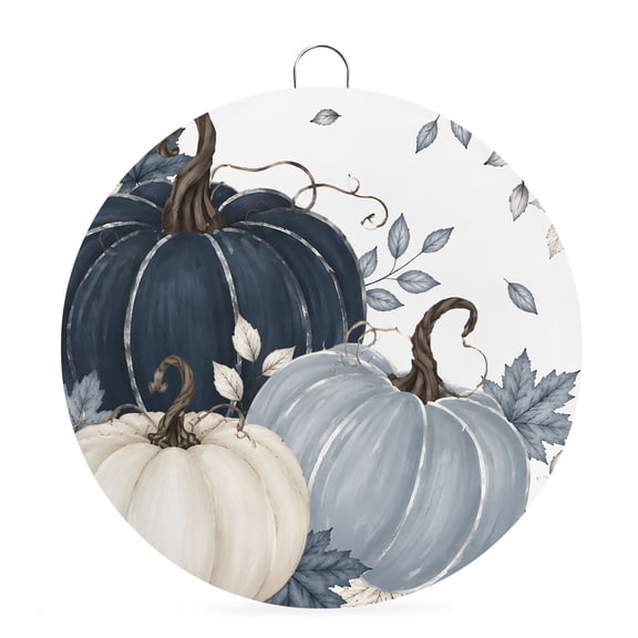Welcome Sign Front Door Decorations, Navy Blue Fall Round Wall Art Outdoor Metal Wreaths, Pumpkin Botanical Autumn Thanksgiving Seasonal Hanging Sign for Home Porch Decor Warming Gift 8 In