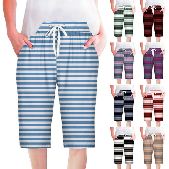 Pxkloy Women's Bermuda Shorts Summer High Waisted Drawstring Stripes Short Casual Loose Fit Knee Length Shorts with Pockets Black,XXL