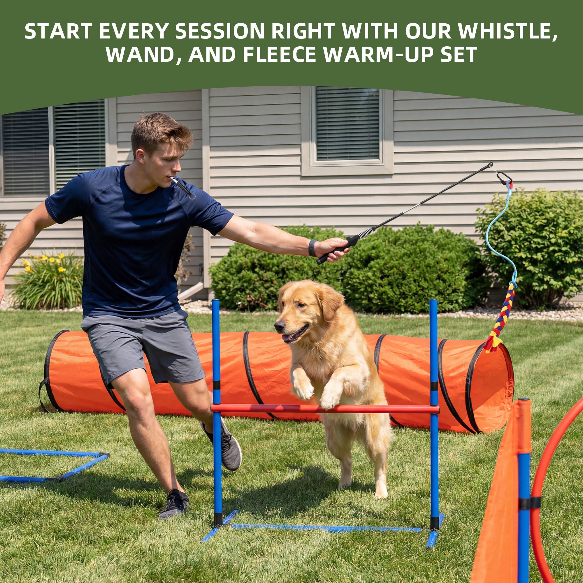 Uforic Dog Agility Equipments: Includes Flirt Pole, Agility Tunnel, 3 Jumps, 6 Weave Poles, Pause Box, Agility Course Set for Backyard, Indoor, Outdoor, Orange