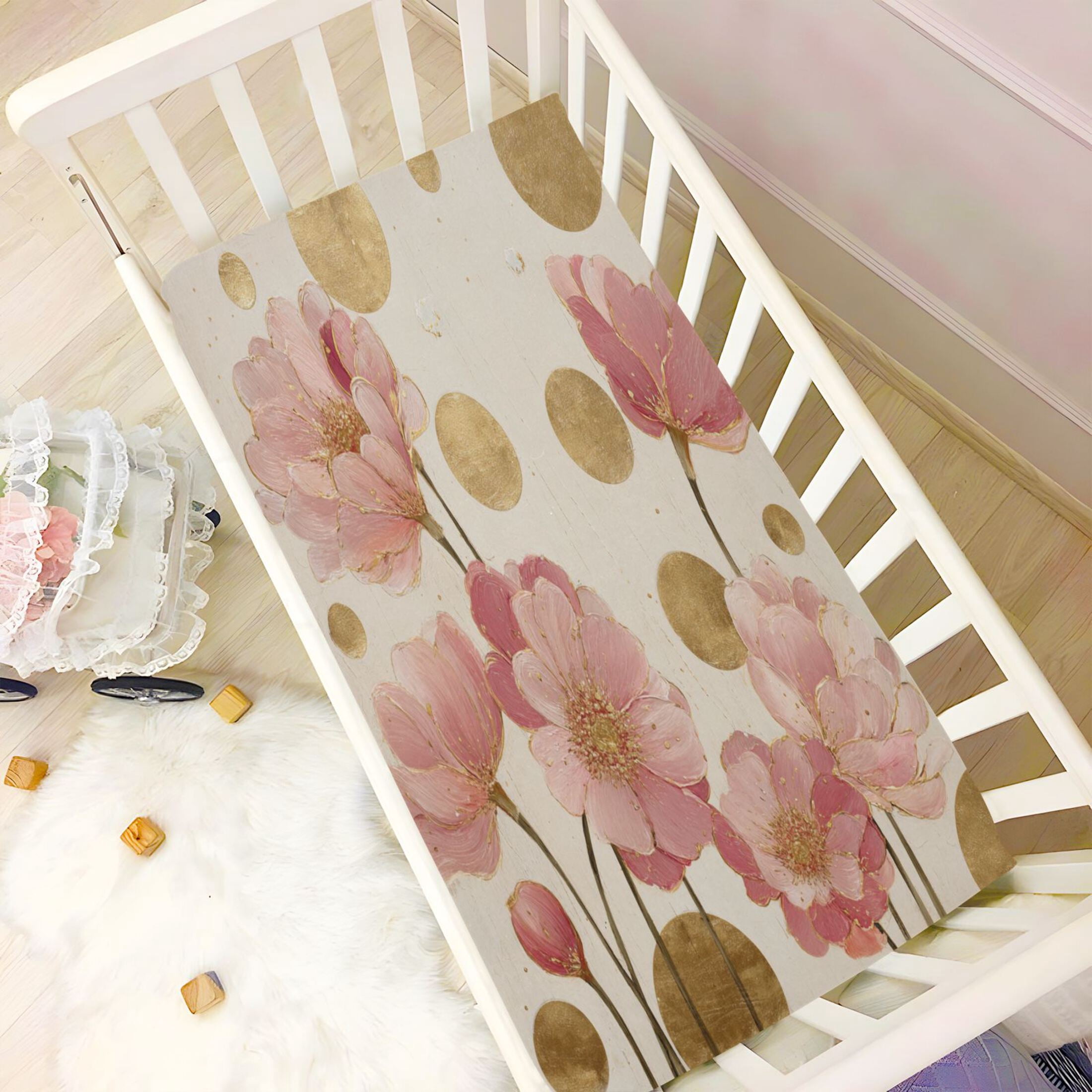 Baby Essentials 52”x 28”- Standard Cotton-like Modal Elastic- Pink-gold Design Crib Sheets for Newborns and Toddlers