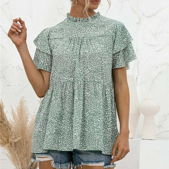 QLEICOM Womens Summer Tops Oversized T-shirts Leopard Print Round Neck Ruffle Short Sleeve Casual Loose Tunic Tank Tops Women Shirts Blouses Green L