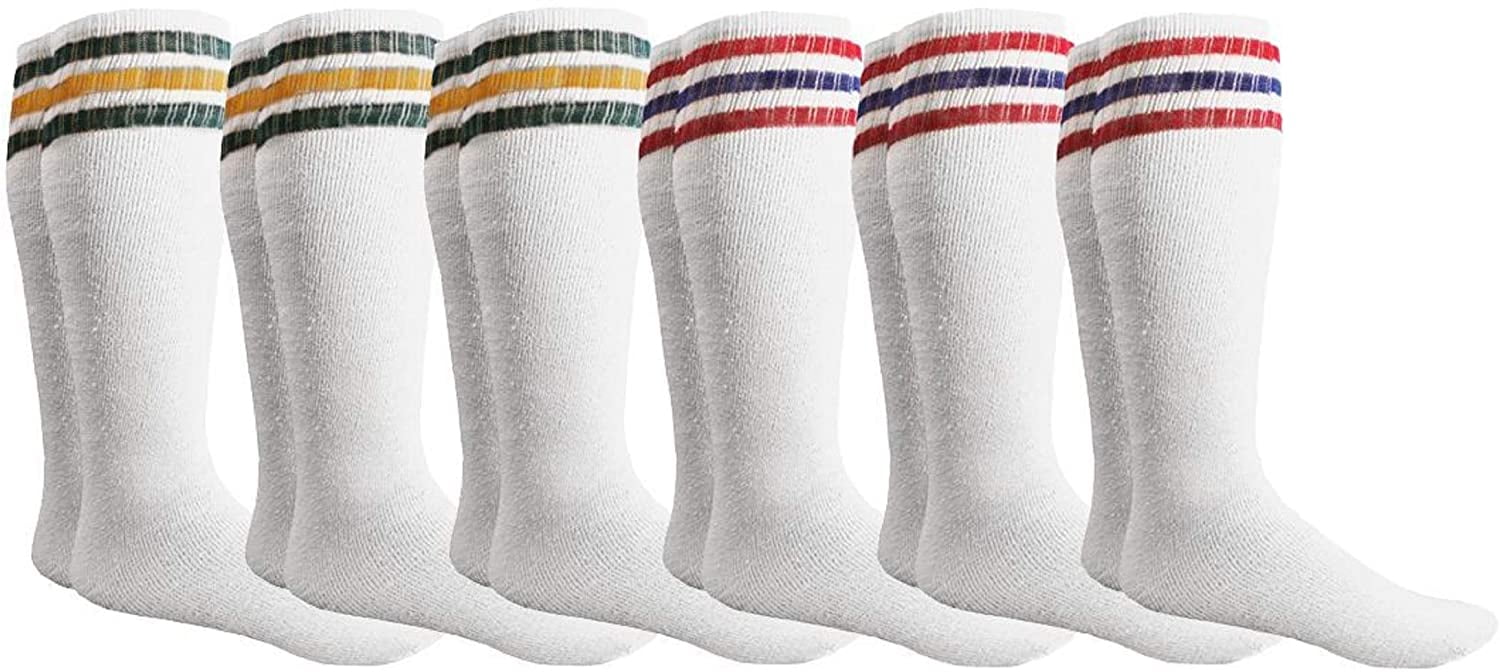 4 Pairs White Tube Socks w/ Assorted Stripe Colors Long Athletic You Choose! 