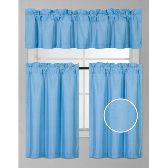 3-Piece 7LO Turquoise Blackout Rod Pocket Kitchen Curtain Set, Two (2) Geometric Design Tier Panels with One (1) Matching Swag Valance Included