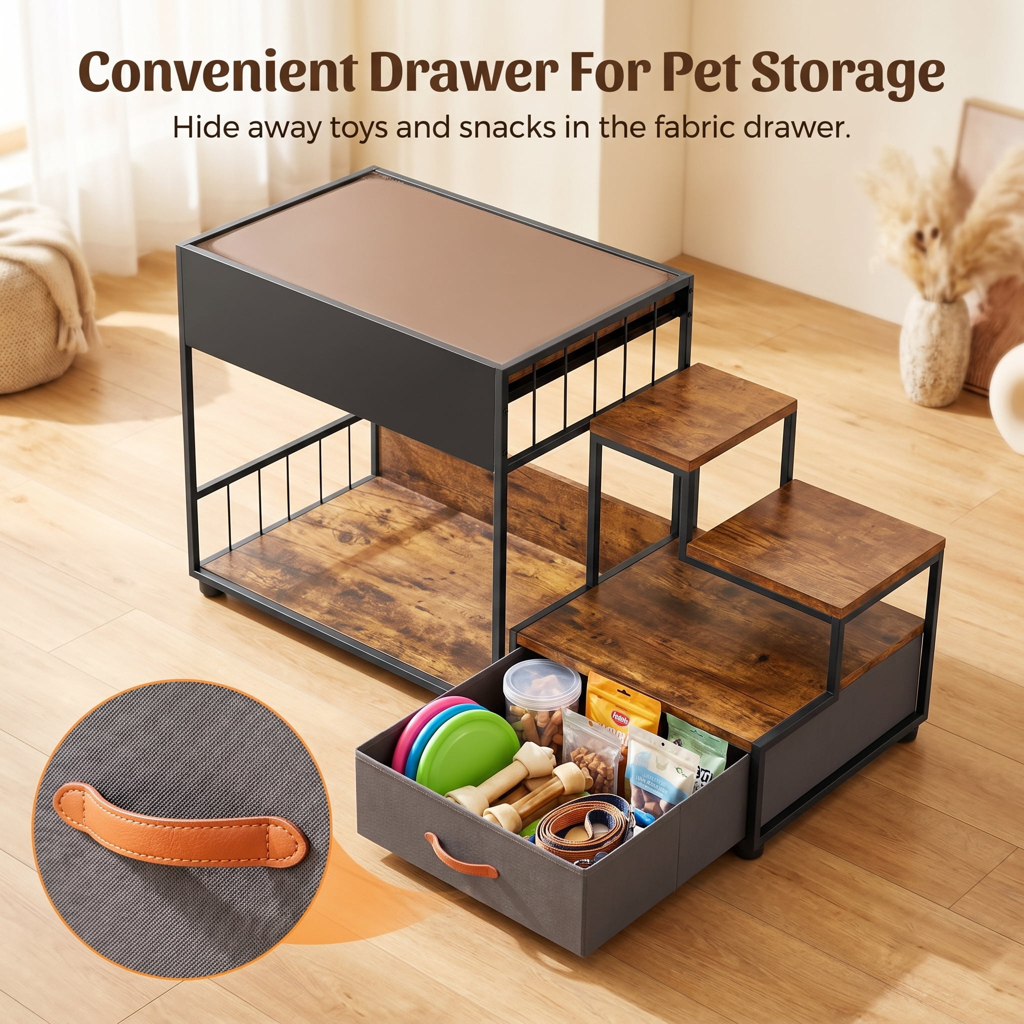 Pet Step Window Perch for Dogs and Cats, 47.2 in Multi-Level Bedside Pet Stairs with Storage Drawer, Non-Slip Pad, Vintage Brown