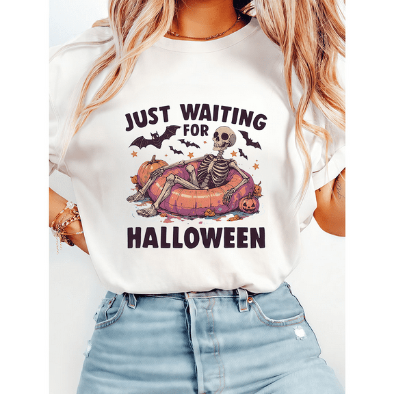 Just Waiting for Halloween Print Tshirts Funny Spooky Skeleton Summer Graphic Tees Short Sleeve Casual Fall Tops Beach Cotton Shirts White,S