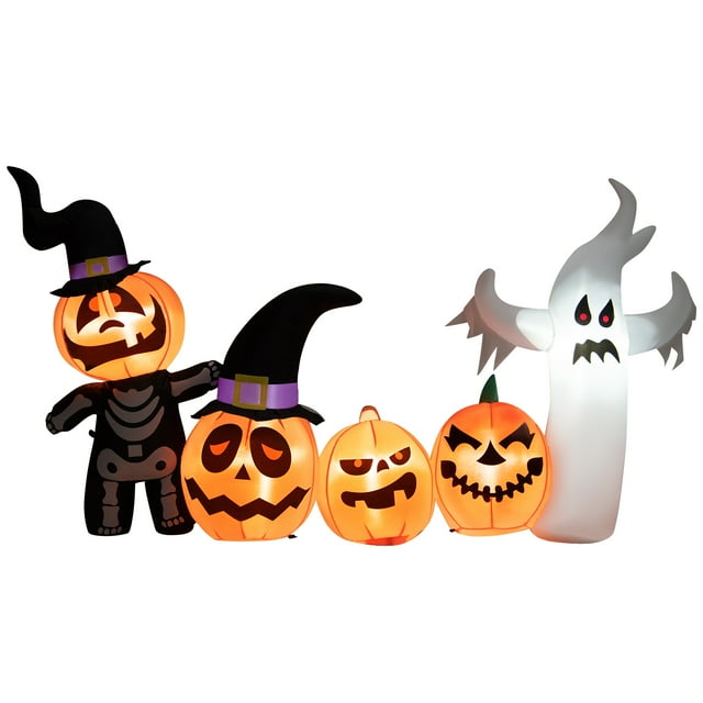 Patiojoy 8FT Length Halloween Inflatable Decoration w/ Built-in LED & Blower Pumpkin Combo w/ a Ghost Blow Up Yard Decoration Indoor Outdoor Inflates Decor with Tethers