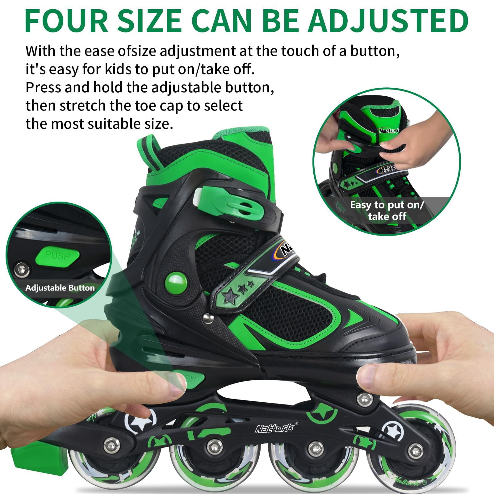 MammyGol Adjustable Inline Skates with Light-Up Wheels for Boys Girls Outdoor Sports, Comfort Youth Kids Skates Green 9-12