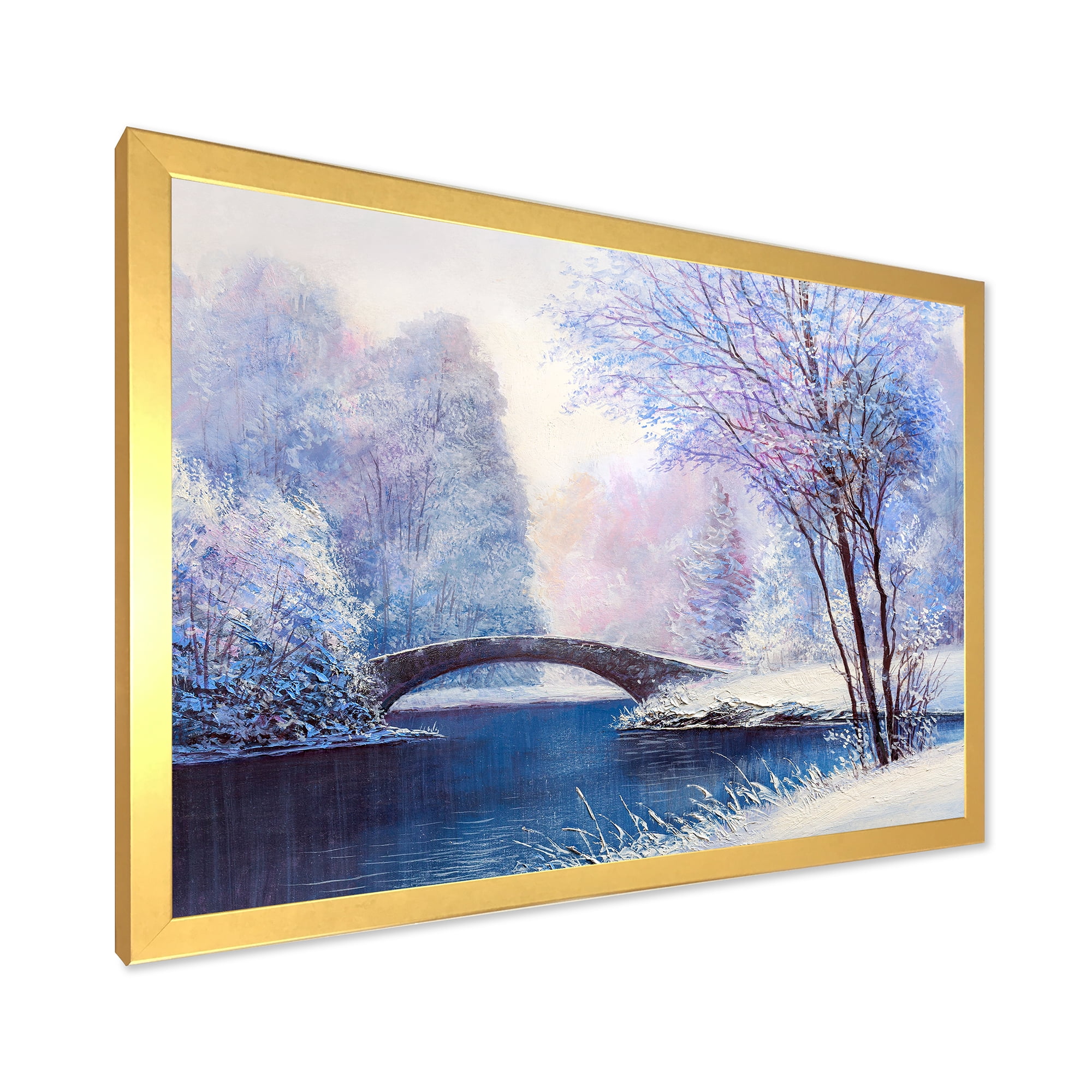 Bridge Of Meandering River With Winter Scenery III 32 in x 16 in Framed Painting Canvas Art Print, by Designart
