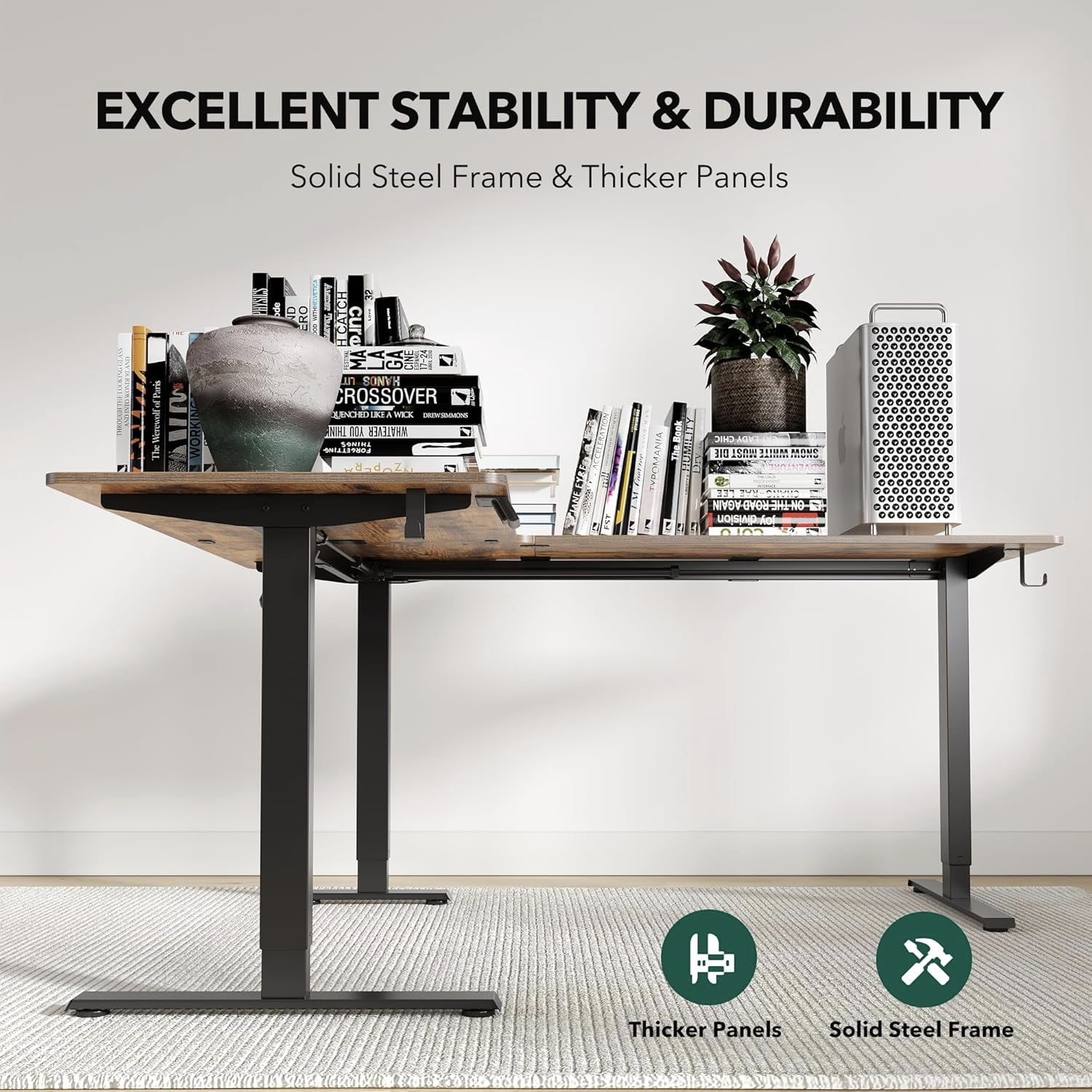 DESINO L-Shaped Standing Desk Adjustable Height, 63 Inch Electric Stand up Corner Computer Desk, Sit Stand Home Office Desk with Splice Board, Rustic Brown