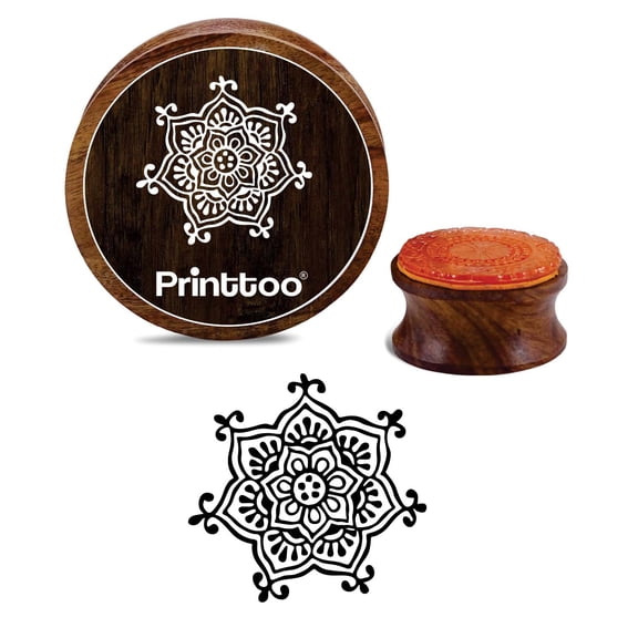 Printtoo Floral Mandala Design Round Diary Card Brown Wooden Rubber Stamp Block-5 Inch