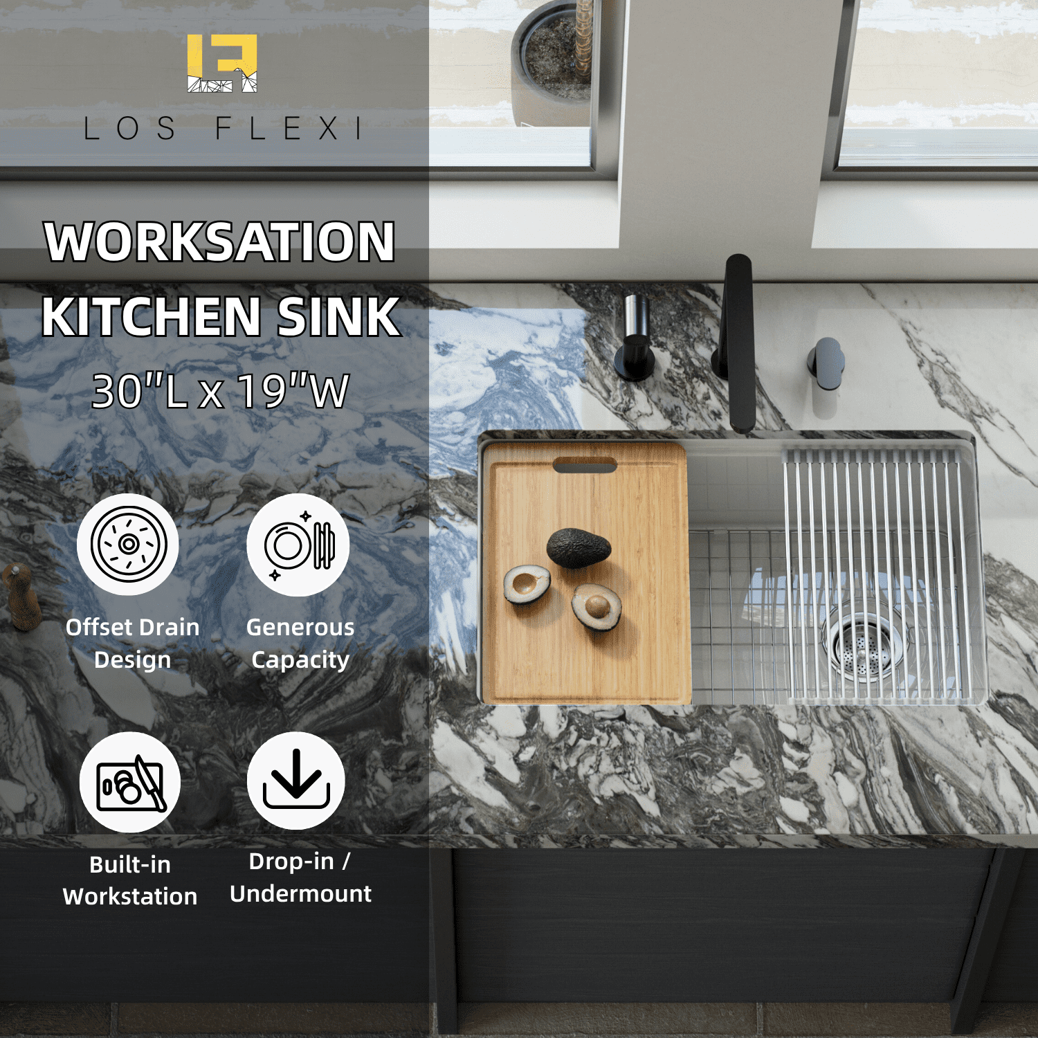 Los Flexi 30” × 19” White Kitchen Sink Fireclay Workstation Offset Drain Dual Mount Installation Deep Single Bowl Drying Rack Cutting Board Included