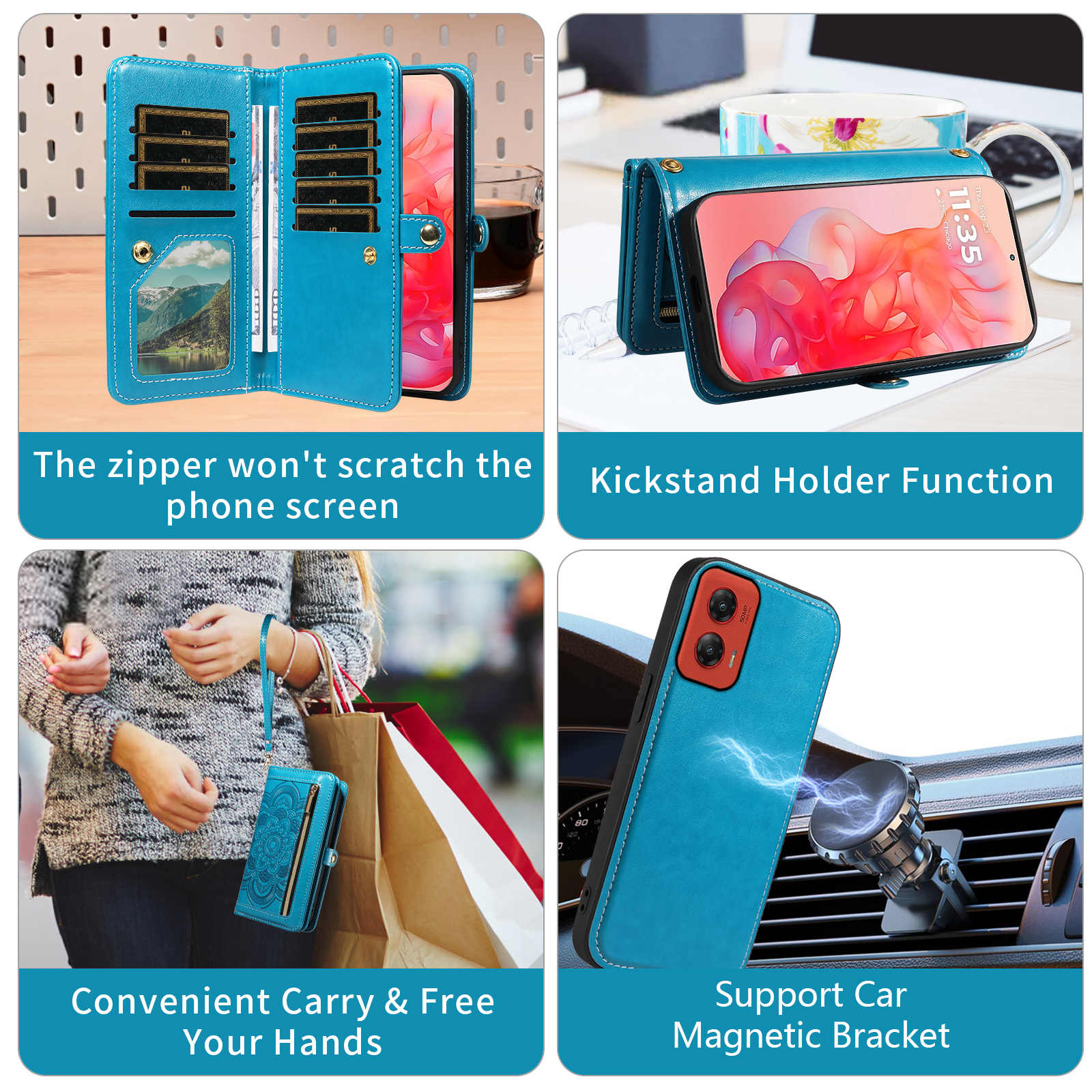 Asuwish Phone Case for Motorola Moto G Stylus 5G 2024 Zipper Wallet Detachable Cell Cover with Tempered Glass Screen Protector Crossbody Lanyard Strap Flower Flip Card Holder Slot G5 Women Girls Blue
