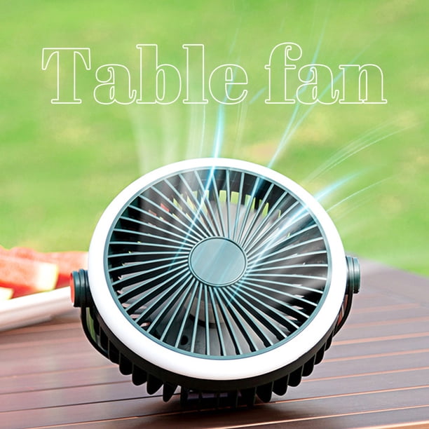 Ventilador portátil para acampar con luces LED | Recargable por USB, funciona con pilas, para tienda de campaña, coche o autocaravana | 2400 mAh, 4 velocidades, rotación de 360° | Para emergencias y