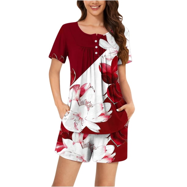 Conjunto de Ropa de Salón de las Mujeres Impreso Cuello Redondo Manga Corta Superior Y Pantalones, Ropa de Casa Suave Dos Piezas