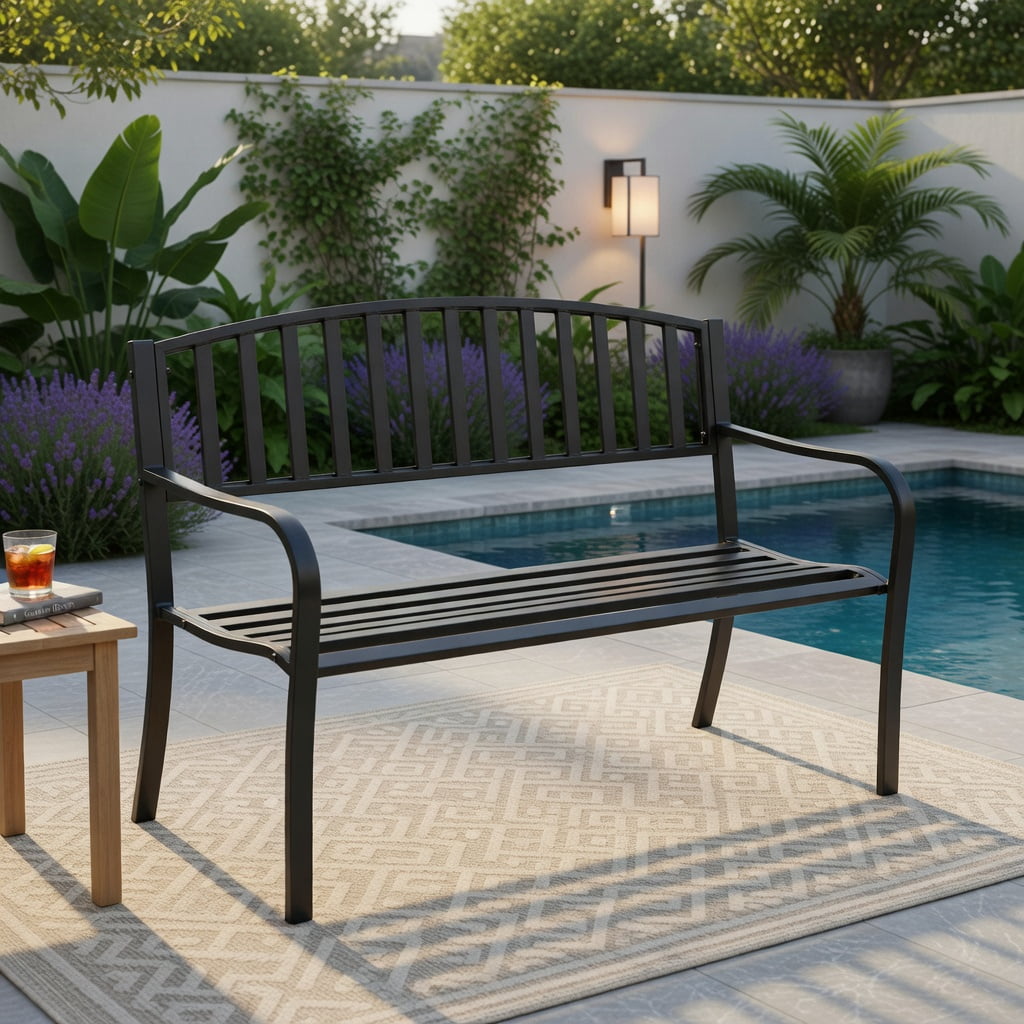 Hommoo 50" Outdoor Steel Garden Bench Loveseat, Modern Patio Bench for Backyard, Deck, Porch & Pool Area, Black