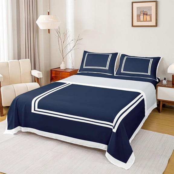 Homewish Modern Abstract Line Twin Sheet Set, Navy White Square Buffalo Bedding, 3pcs