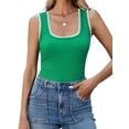 thumbnail image 3 of Women's Square Neck Tank Tops Summer Sleeveless Shirts Casual Slim Fitted Color Block Ribbed Tanks Green XL, 3 of 10