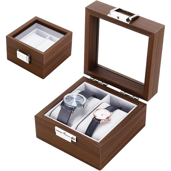 Natural Walnut Watch Box 2 Slot Watch Display Storage Case Square Portable Wristwatch Package Boxes Watch Travel Case with Glass Lid Removable Pillows