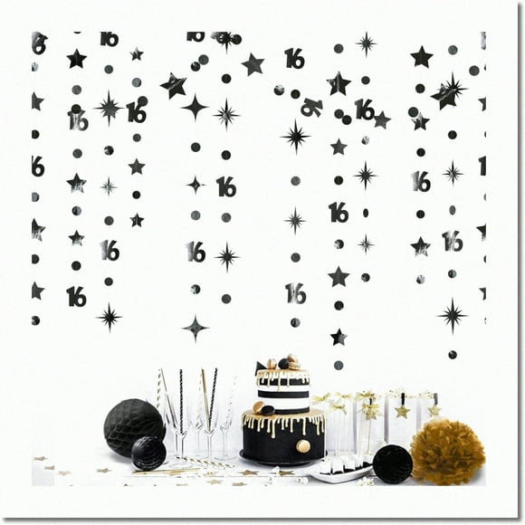 Twinkle Star 16th Birthday Circle Dot Garland - Metallic Streamer Bunting Banner Backdrop Decorations for Girls - Sweet Sixteen Anniversary Celebration - Cheers to 16 Years!