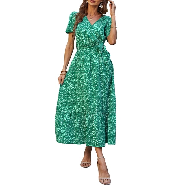 Vestido Maxi Verde Floral PRETTYGARDEN para Mujer, Escote Cruzado en V y Cinturón, Talla M