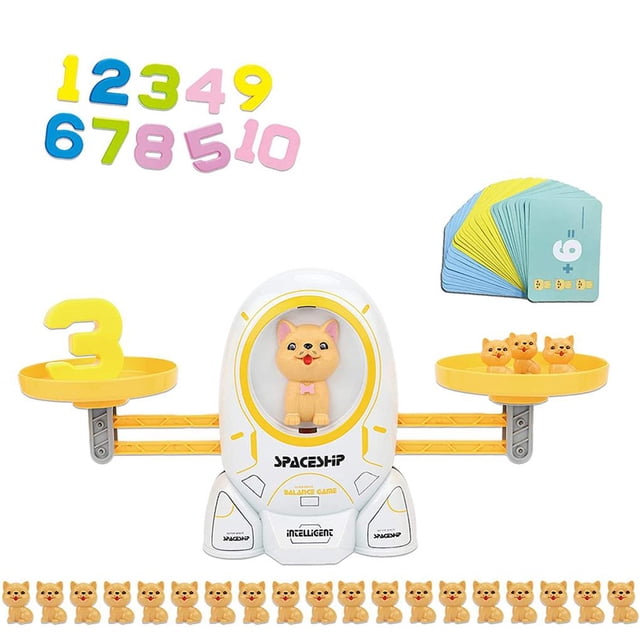 Wweixi Math Match Game Board Toys Space Kitten Puppy Match Balancing Scale Number Balance Game Kids Educational Toy Yellow