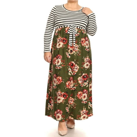 Print Tie Waist Dress - MOA COLLECTION Women's Plus Size Stripe Floral Print Long Sleeve Bodice Waist Tie Contrast Maxi Dress