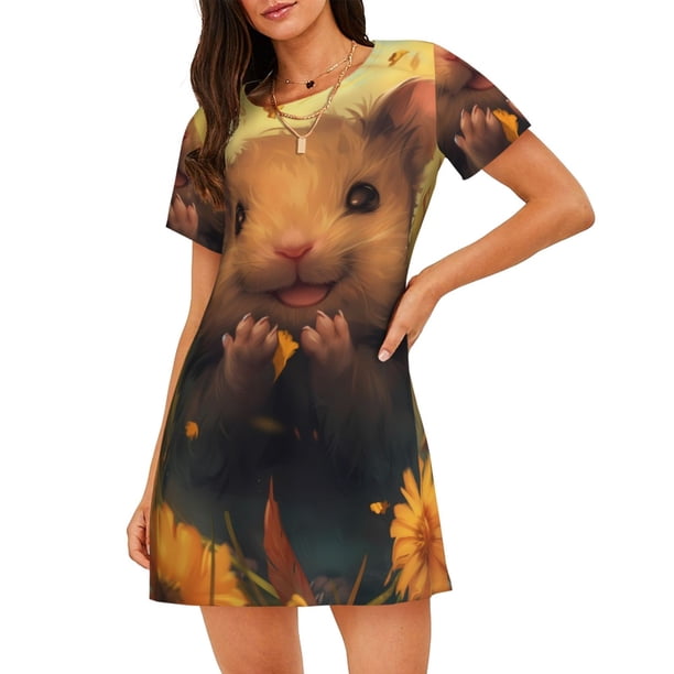 Balery Cute Sunflower Guinea Pig Camisón de manga corta con cuello redondo para mujer, cómodo y elegante.