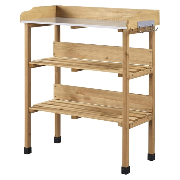 Potting Table w/Metal for Garden, Fir Wood Workstation w/3 Tier Shelves, Outdoor Work w/Hook Natural Wood