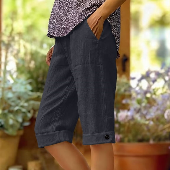 Linen Cotton Capris for Women Relaxed Fit Cropped Pants Elastic Waist Straight Leg Trousers with Pockets Button Trim Detail Daily Walking Wear