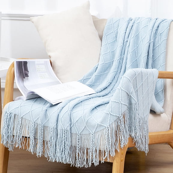 Mictong Bohemian Throw Blanket, 70.87x51.19 inches, Lightweight Fringed Throw Blanket, Soft Decorative Couch Blanket for Living Room, Bedroom, Office and Home Decoration, Style 2, Light Blue