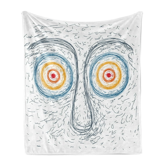 Psychedelic Soft Flannel Fleece Throw Blanket, Confused Man Portrait Human Face with Large Hypnotic Eyes Trance Hand Drawn, Cozy Plush for Indoor and Outdoor Use, 50" x 70", Multicolor, by Ambesonne
