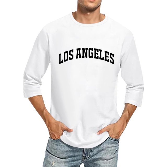 T-shirts pour Homme Manches 3/4 avec Nom de Ville, Col Rond Confortable, Couleur Unie, Blanc, Tailles TTTTG