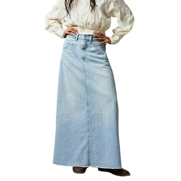 Women Raw Hem A-Line Jean Skirt Casual Y2K Fashion High Waisted Long Denim Maxi Skirt with Pockets Light Blue S