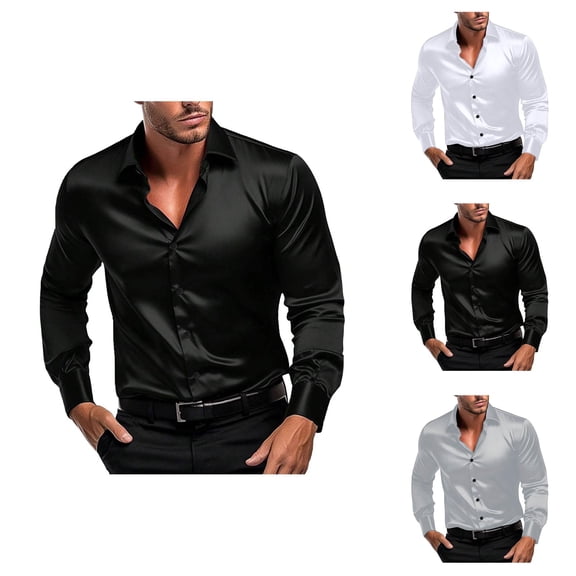 Shiny Satin Shirts for Men Long Sleeve Button Down Collared Dress Shirt Business Casual Formal Wedding Shirts