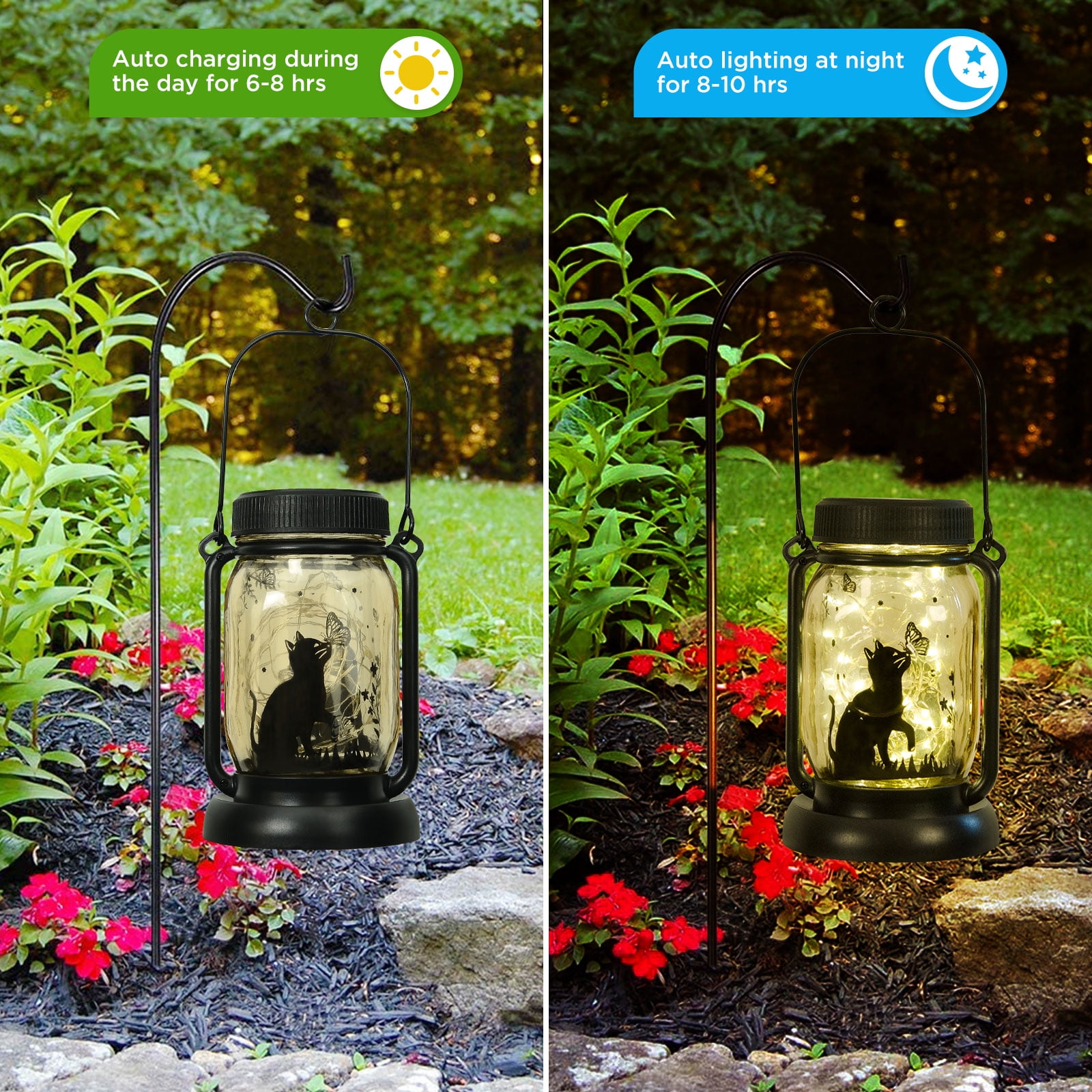 Cat and Butterfly Solar Lanterns Mother's Day Gift Outdoor Garden Hanging Solar Lights Cat and Butterfly Lover Gifts for Women, Memorial Gifts Fairy Lights for Patio Yard Lawn Outside Decor Lamp