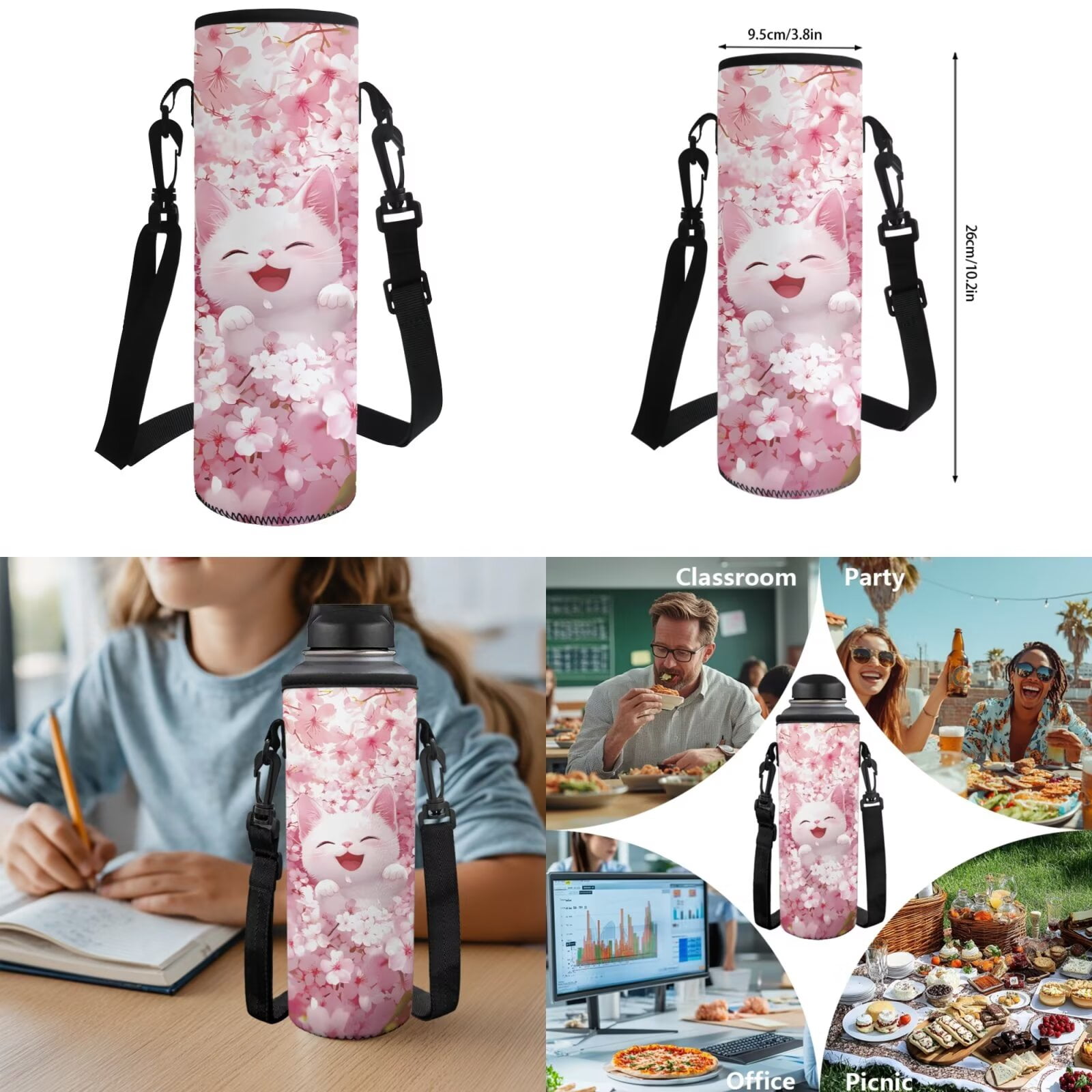 Pzuqiu Cherry Blossom Cat School Backpack Set of 4 Back Pack with Lunch Box Pencil Case Water Bottle Bag Backpacks for School Girls with Adjustable Shoulder Strap Student Bag