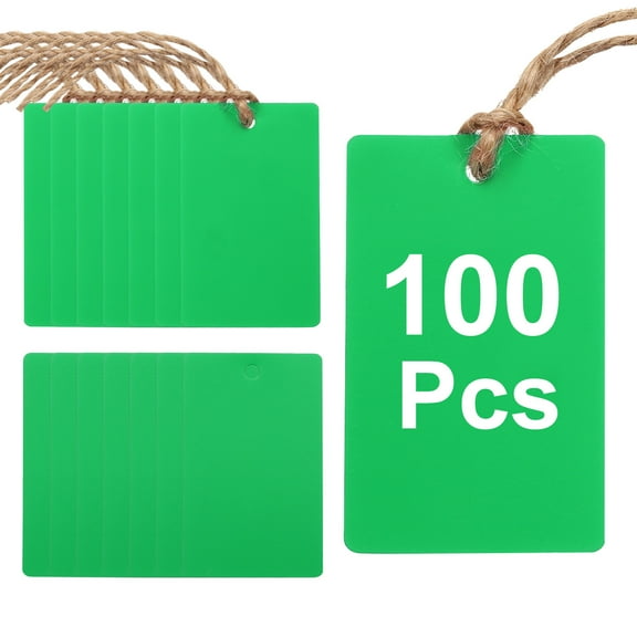 100Pcs Green Plastic Shipping Tags, 2" x 1" Waterproof Labeling Tags with Thread & Wire for Garage, Inventory Tag