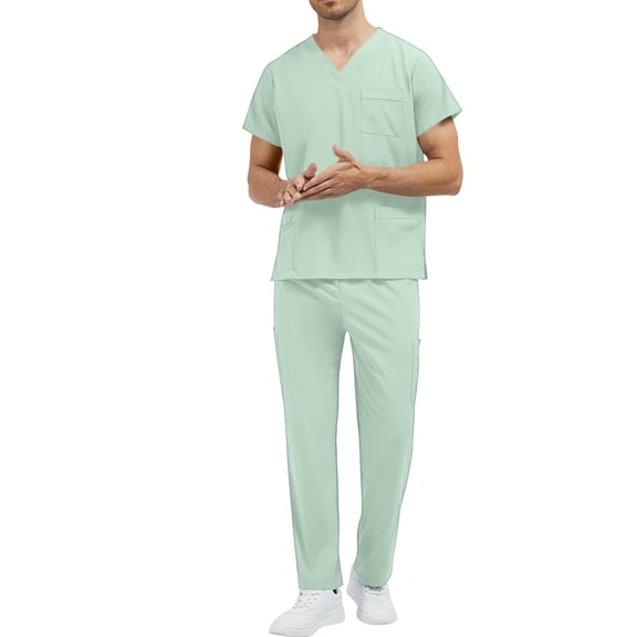 Men's Hospital Scrubs Set V-Neck Short Sleeve Top & Pants Wrinkle Resistant Nursing Uniform for Medical Professionals Purple M
