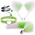 thumbnail image 1 of femenino productos sexuales sm metal sexy traje cola de zorro conjunto de cuatro piezas cola verde punta blanca + oreja verde punta blanca + cuero clásico verde + clip de campana verde XianweiShao 1327537318231, 1 of 1