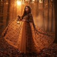 thumbnail image 3 of Jiibva Halloween Bat Print Mesh Cape Gothic Hooded Witch Cloak Orange 190cm, 3 of 7