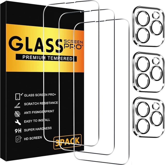 3 Pack Screen Protector for iPhone 13 Pro with 3 Pack Camera Lens Tempered Glass Protector, 6.1 Inch HD Clear Glass Film 9H Hardness Full Coverage, Scratch Resistent, No Air Bubbles