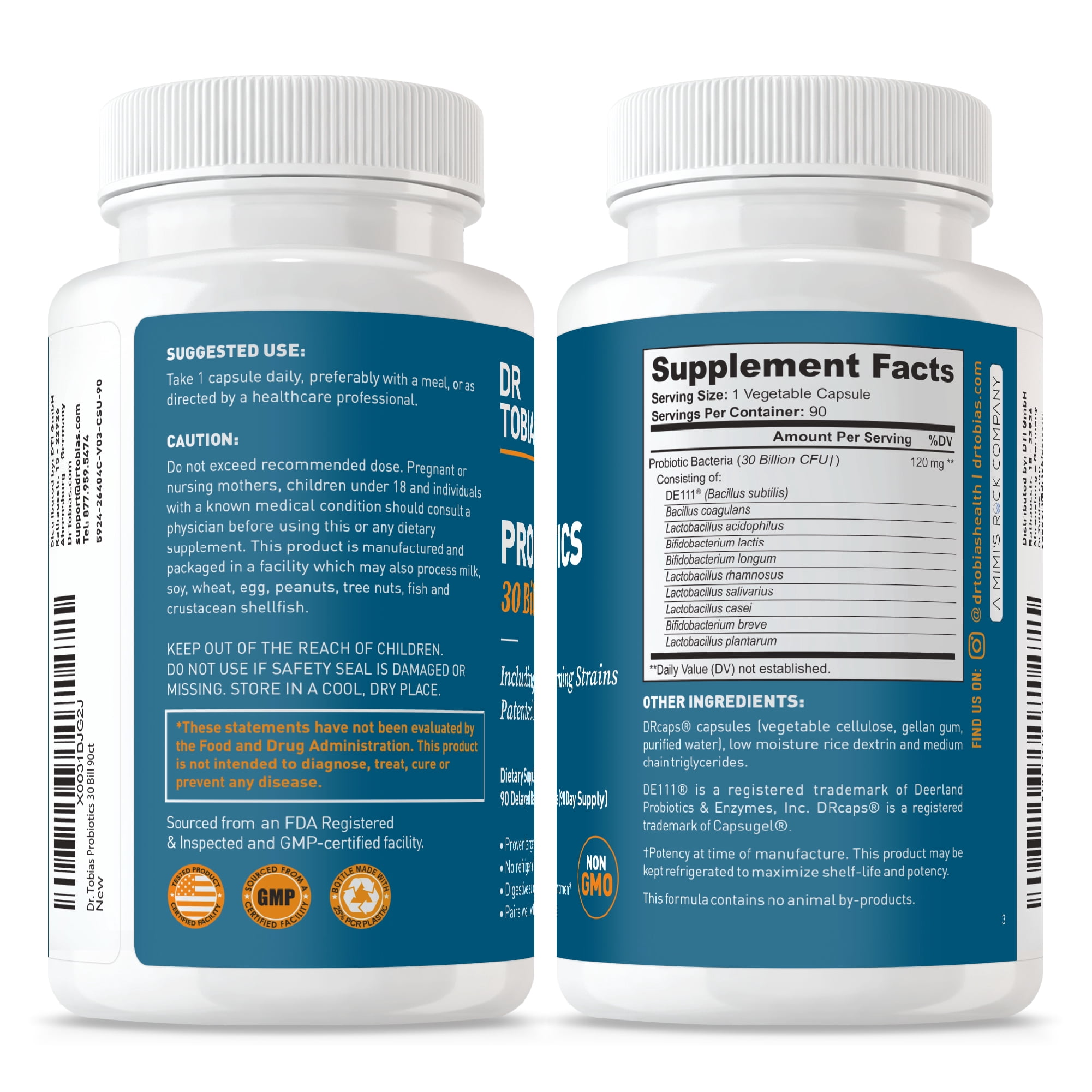 Dr. Tobias Probiotics 30 Billion, 10 Strains, 30 Billion CFU's, Targeted Release Probiotics for Women & Men, Supports Digestive Health, Shelf-Stable, Non-GMO, 90 Capsules, 90 Servings