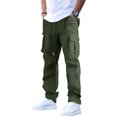 thumbnail image 2 of Men's Cargo Straight Leg Pants, Loose Solid Elastic Drawstring Waist Casual Outdoor Athletic Trousers with Multi-Pocket Army Green 2XL, 2 of 6